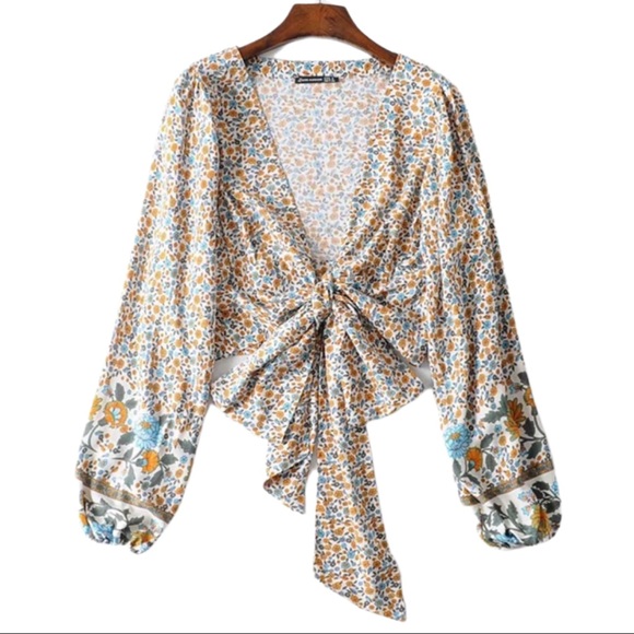 Boho Floral Print Gypsy Crop Top Tied Long Sleeve - Picture 16 of 17